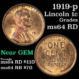 1919-p Lincoln Cent 1c Grades Choice Unc RD