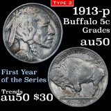 1913-p Ty2 Buffalo Nickel 5c Grades AU, Almost Unc