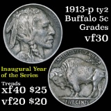 1913-p Ty2 Buffalo Nickel 5c Grades vf++