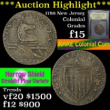 ***Auction Highlight*** 1786 NJ Narrow Shield, Straight Plow Beam Colonial Graded f+ By USCG (fc)