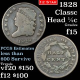 1828 12 stars Classic Head half cent 1/2c Grades f+