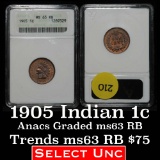ANACS 1905 Indian Cent 1c Graded ms63 RB by ANACS