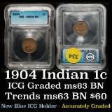 1904 Indian Cent 1c Graded ms63 BN by ICG