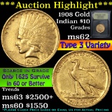 ***Auction Highlight*** 1908 Motto Gold Indian Eagle $10 Graded Select Unc By USCG (fc)