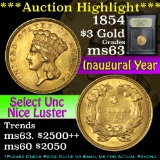 ***Auction Highlight*** 1854 Gold $3 Graded Select Unc By USCG (fc)