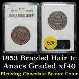 ANACS 1853 Braided Hair Large Cent 1c Graded xf40 by ANACS