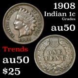 1908 Indian Cent 1c Grades AU, Almost Unc