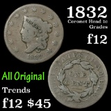 1832 Lg letters Coronet Head Large Cent 1c Grades f, fine