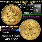 ***Auction Highlight*** 1908-p Gold Liberty Half Eagle $5 Graded Choice Unc By USCG (fc)