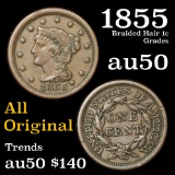 1855 Braided Hair Large Cent 1c Grades AU, Almost Unc