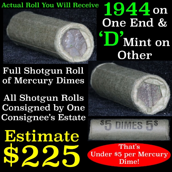 Full roll of Liberty Head 'Mercury' dimes, 1944 on one end & a 'd' Mint reverse on other end