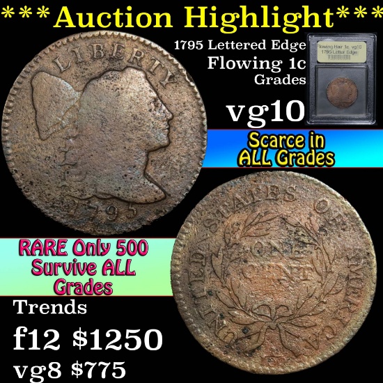 ***Auction Highlight*** 1795 Letter Edge Flowing Hair large cent 1c Graded vg+ By USCG (fc)