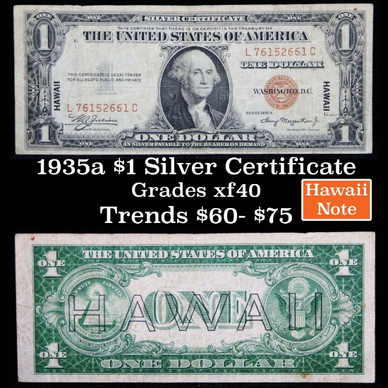 1935a $1 Silver Certificate Hawaii, Signatures of Julian & Morgenthau Grades xf