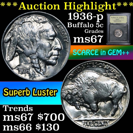 ***Auction Highlight*** 1936-p Buffalo Nickel 5c Graded GEM++ Unc By USCG (fc)