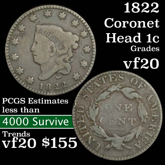 1822 Coronet Head Large Cent 1c Grades vf, very fine