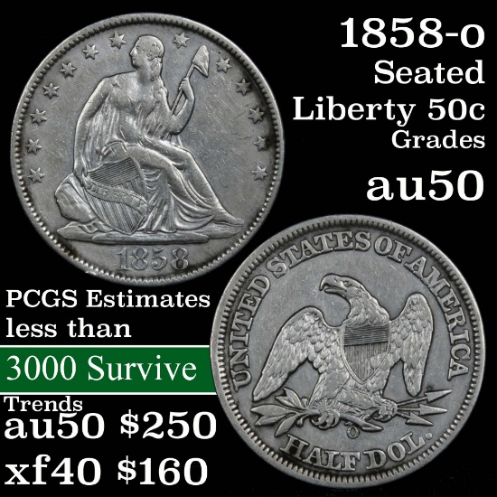 1858-o Seated Half Dollar 50c Grades AU, Almost Unc