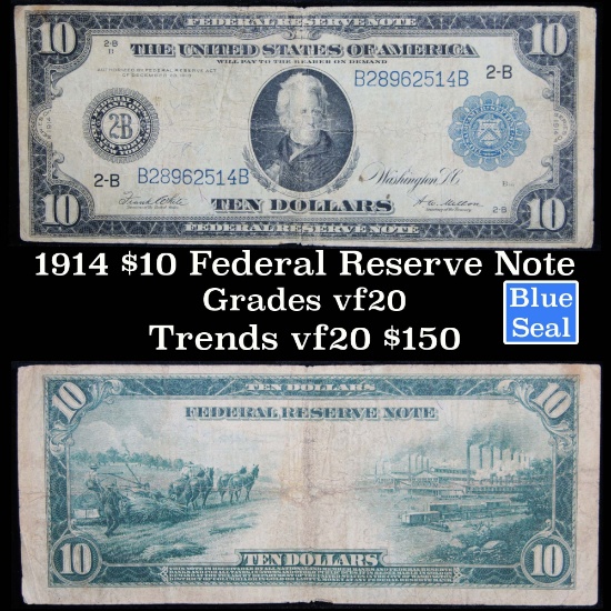 1914 $10 Federal Reserve Note New York Grades vf, very fine