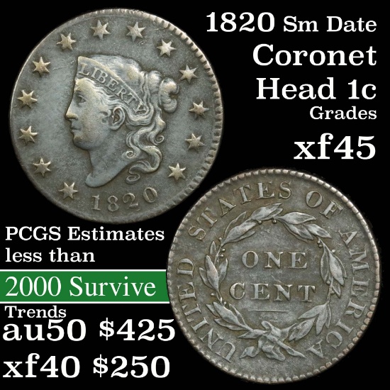 1820 Sm date Coronet Head Large Cent 1c Grades xf