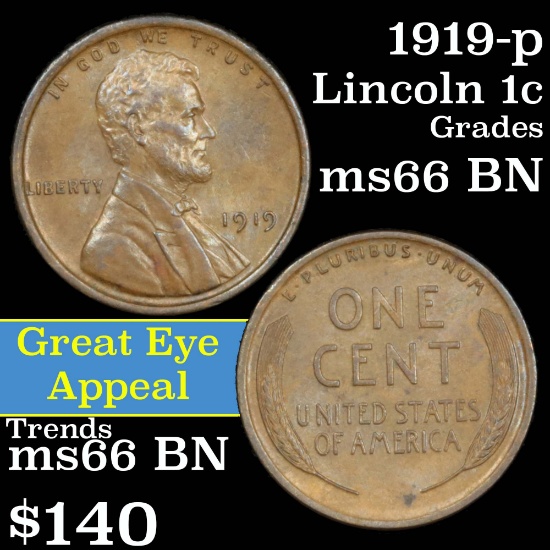 1919-p Lincoln Cent 1c Grades GEM+ Unc BN