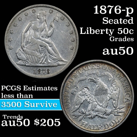 1876-p Seated Half Dollar 50c Grades AU, Almost Unc