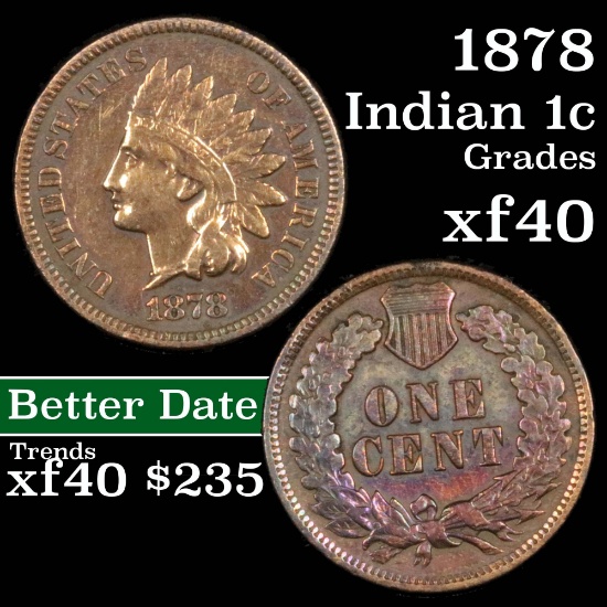 1878 Indian Cent 1c Grades xf