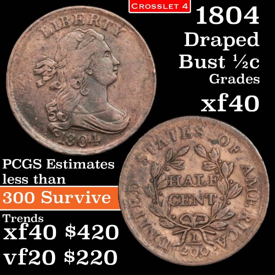 1804 Crosslet 4 with stems Draped Bust Half Cent 1/2c Grades xf