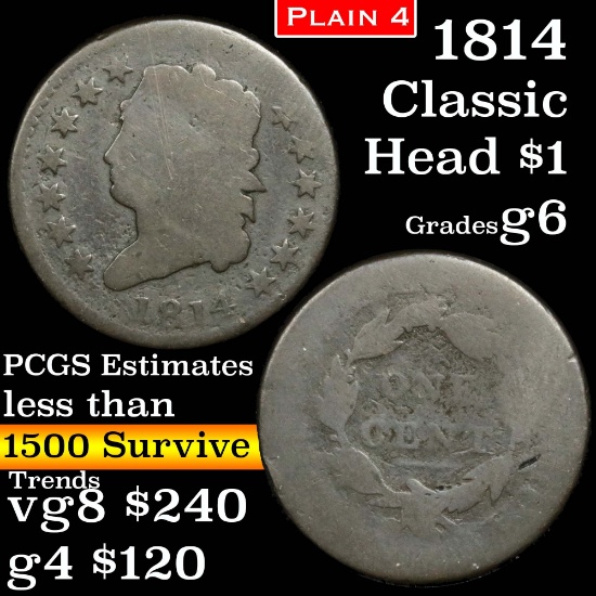 1814 Plain 4 Classic Head Large Cent 1c Grades g+
