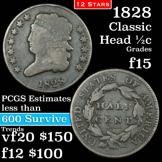 1828 12 stars Classic Head half cent 1/2c Grades f+