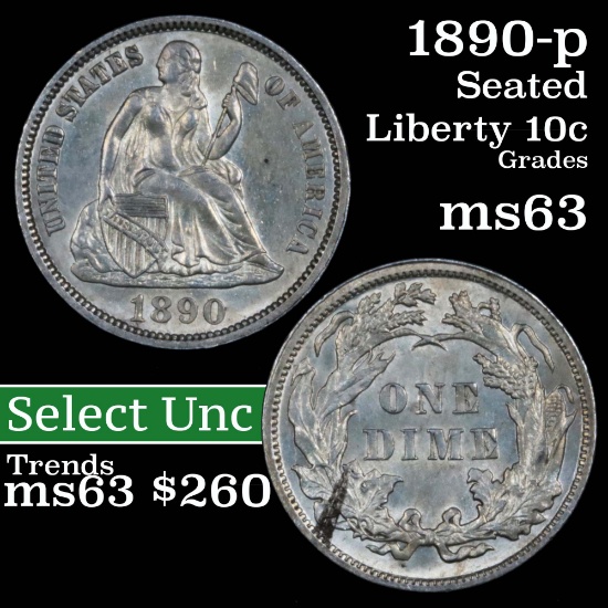 1890-p Seated Liberty Dime 10c Grades Select Unc