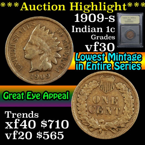 ***Auction Highlight*** 1909-s Indian Cent 1c Graded vf++ By USCG (fc)