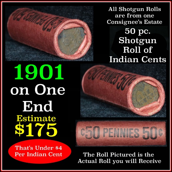 Indian Head Penny 1c Shotgun Roll, 1901 on one end, reverse on the other