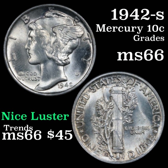 1942-s Mercury Dime 10c Grades GEM+ Unc