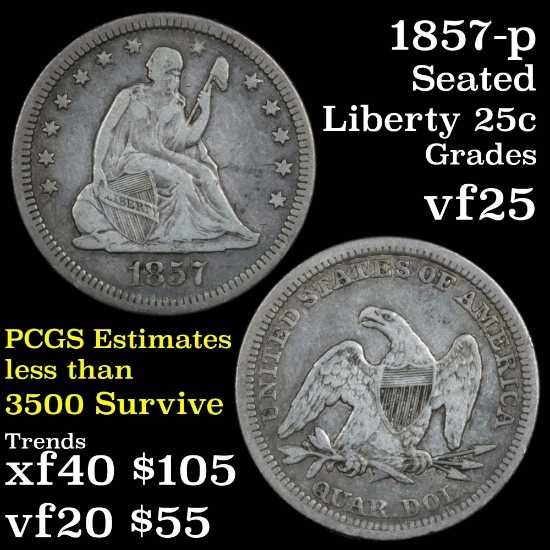 1857-p Seated Liberty Quarter 25c Grades vf+