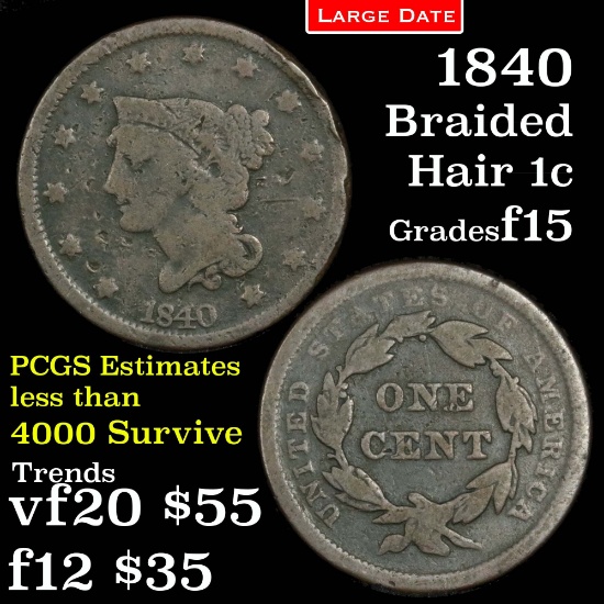 1840 Lg date Braided Hair Large Cent 1c Grades f+