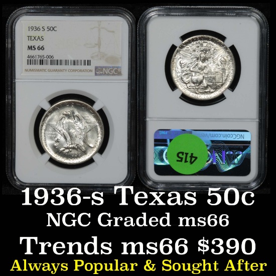 NGC 1936-s Texas Old Commem Half Dollar 50c Graded ms66 By NGC