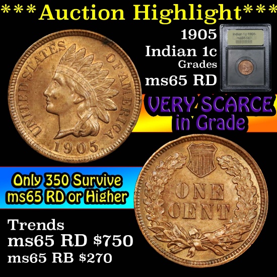 ***Auction Highlight*** 1905 Indian Cent 1c Graded GEM Unc RD By USCG (fc)