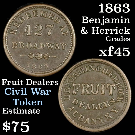 1863 Benjamin & Herrick Fruit Dealers, Albany NY Civil War Token Grades xf+