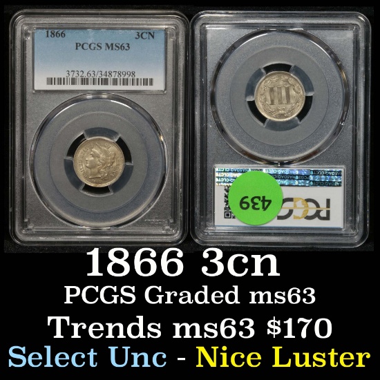 PCGS 1866 3 Cent Copper Nickel 3cn Graded ms63 By PCGS