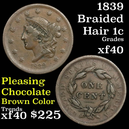 1839 Braided Hair Large Cent 1c Grades xf