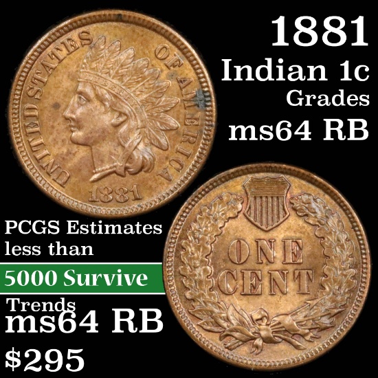 1881 Indian Cent 1c Grades Choice Unc RB