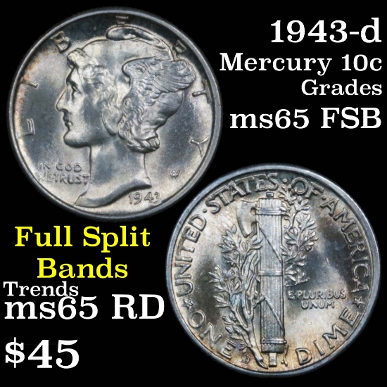 1943-d Mercury Dime 10c Grades GEM FSB