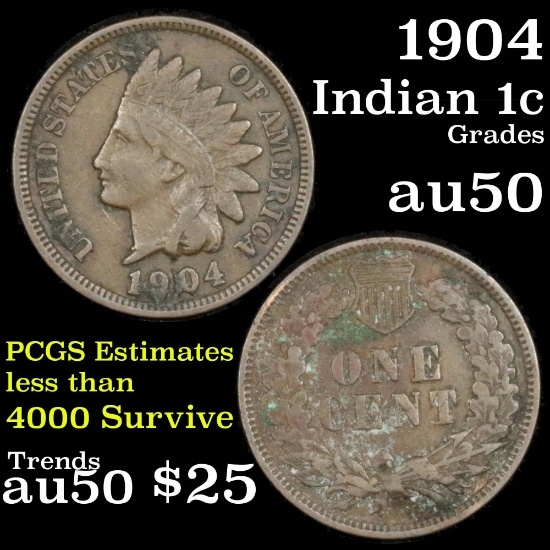 1904 Indian Cent 1c Grades AU, Almost Unc