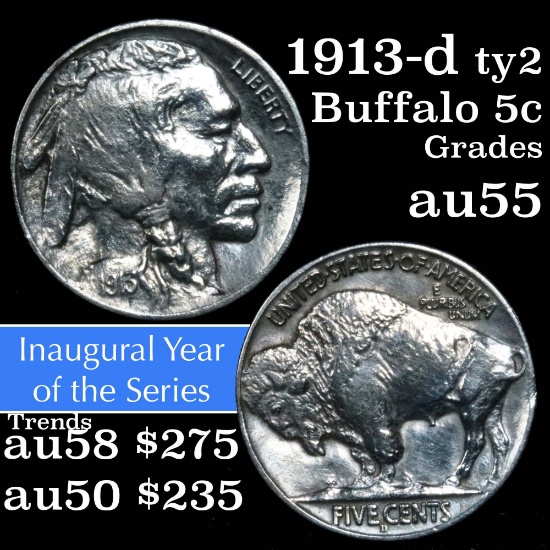 1913-d Ty2 Buffalo Nickel 5c Grades Choice AU