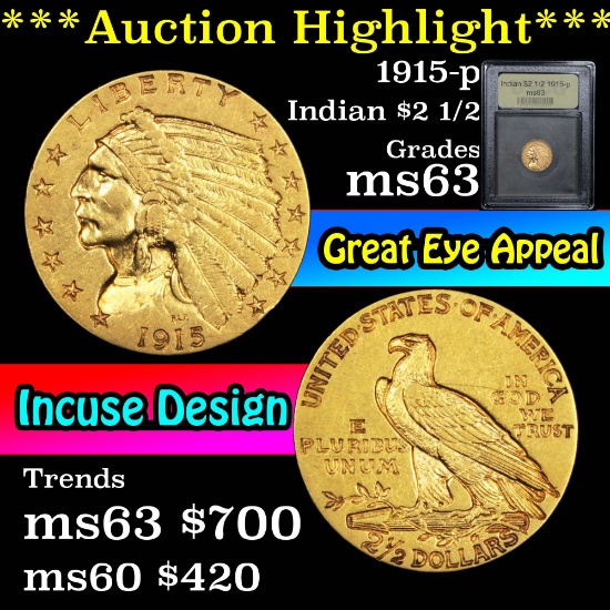 ***Auction Highlight*** 1915-p Gold Indian Quarter Eagle $2 1/2 Graded Select Unc By USCG (fc)