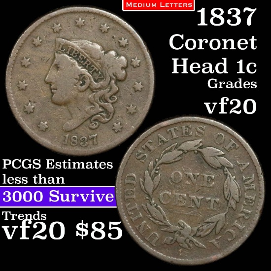 1837 Med letters Coronet Head Large Cent 1c Grades vf, very fine