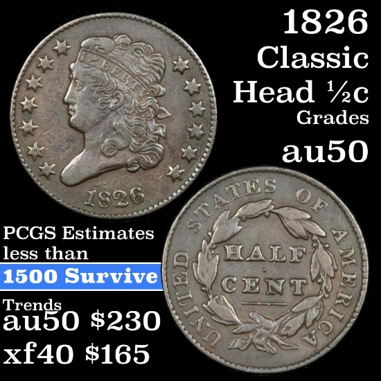 1826 Classic Head half cent 1/2c Grades AU, Almost Unc
