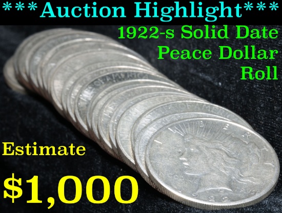 ***Auction Highlight*** Uncirculated Peace Dollar $1 roll, solid date 1922-s