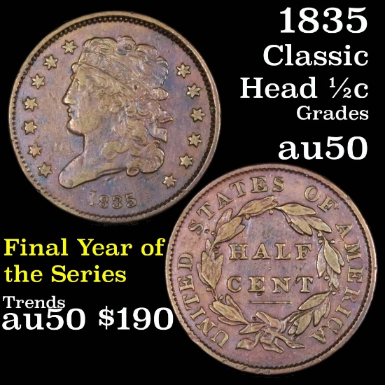 1835 Classic Head half cent 1/2c Grades AU, Almost Unc