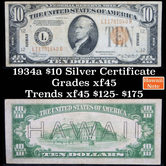 1934a $10 Silver Certificate Hawaii, Signatures of Julian & Morgenthau Grades xf+