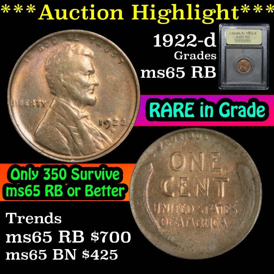 ***Auction Highlight*** 1922-d Lincoln Cent 1c Graded GEM Unc RB By USCG (fc)